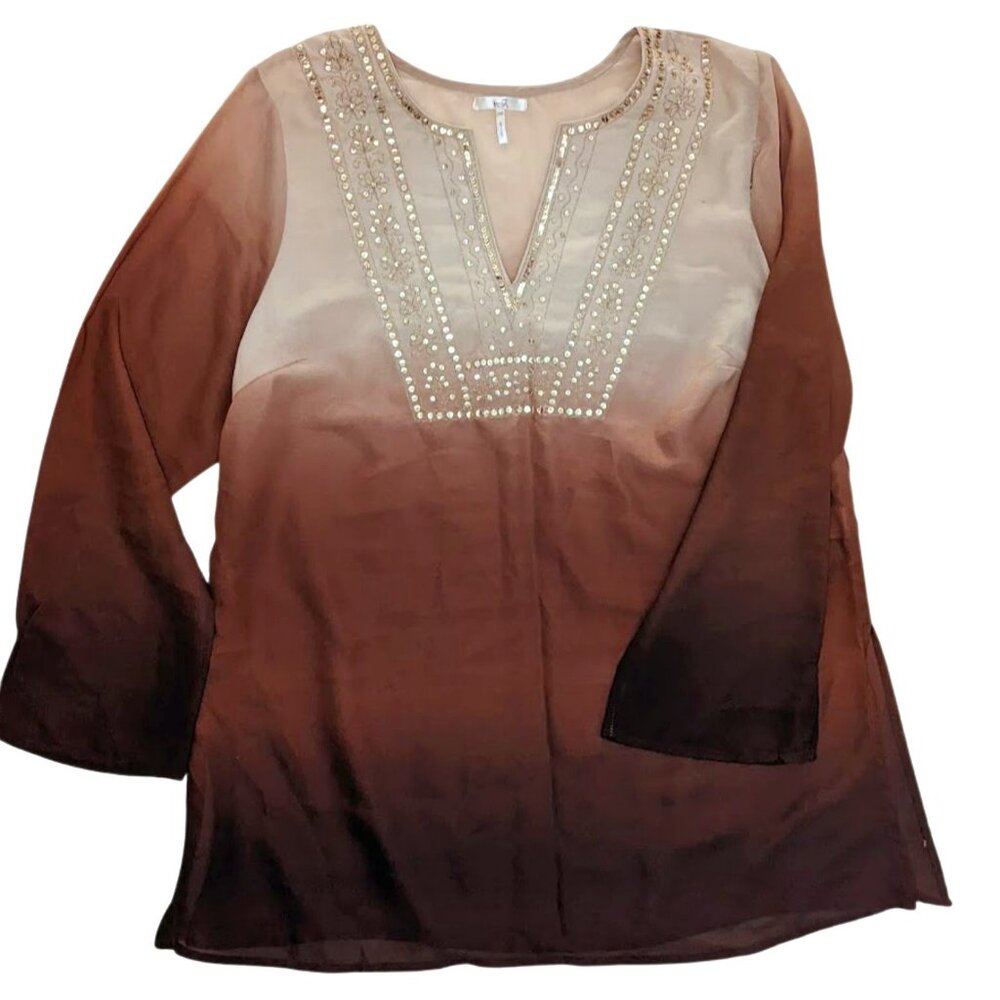 VTG Vintage Brown Beige OMBRE Sheer Sequins Blouse Fairy Boho Y2K Peasant Top 16